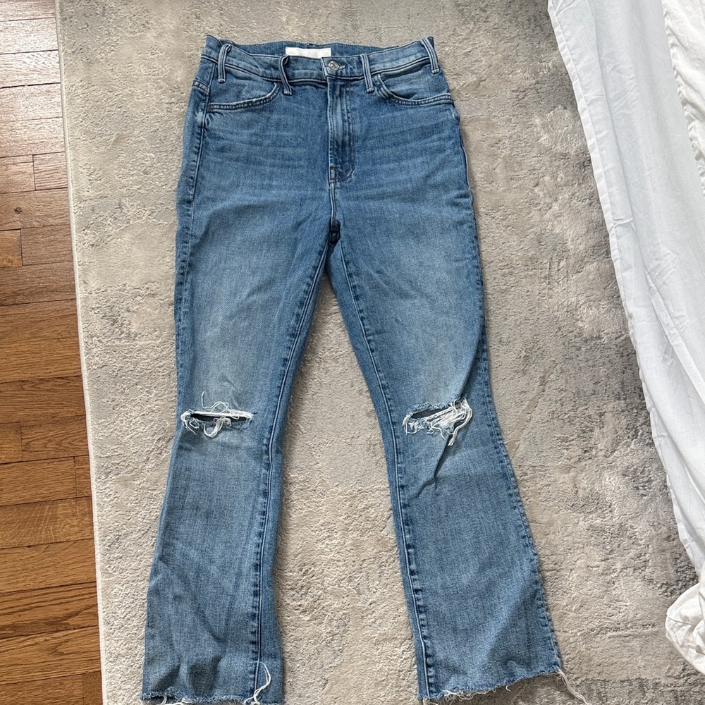 MOTHER Blue Distressed Flare Jeans